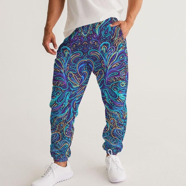 Psychedelic Blue Love Men's Track Pants - Trippy Rave Clothing, Male Festival Fashion, Vibrant Colors, EDM Ravewear, Streetwear Aesthetic