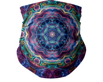 Trippy Fractal Neck Gaiter + Filter - Vibrant Festival Dust Mask, Psytrance Psychedelic, Colorful Neck Warmer, Washable Reusable Dual Layer