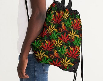 Rasta Ganja Canvas Drawstring Bag - Jamaican Rastafarian Backpack, Marijuana Sack Bag, Stoner Psychedelic Cinch Sack, Reggae Bob Marley Bag