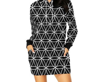 Flower Of Life Womens Hoodie Dress - Sacred Geometry Hoodie, Trippy Psychedelic Pullover Sweater, Festival Fashion, Burningman Hoodie Jumper