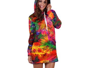 Groovy Hippie Color Burst Women's Hoodie Dress - Psychedelic Colorful Vibrant, Rave Ladies Festival Hoodie, Burningman Trippy Clothing