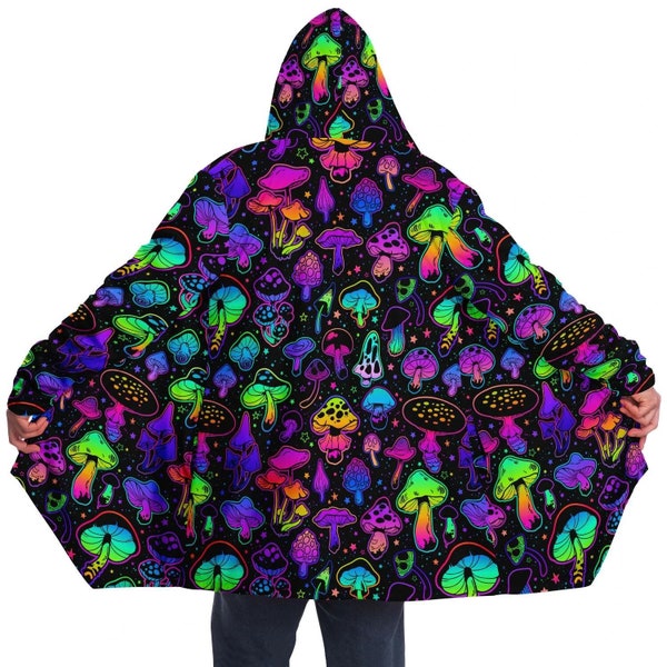 Magic Mushroom Glow Festival Rave Cloak - Festie Festival Cape, Shroomies Psilocybin Hoodie, EDM EDC Rave Fashion, Cozy Warm Festival Jacket