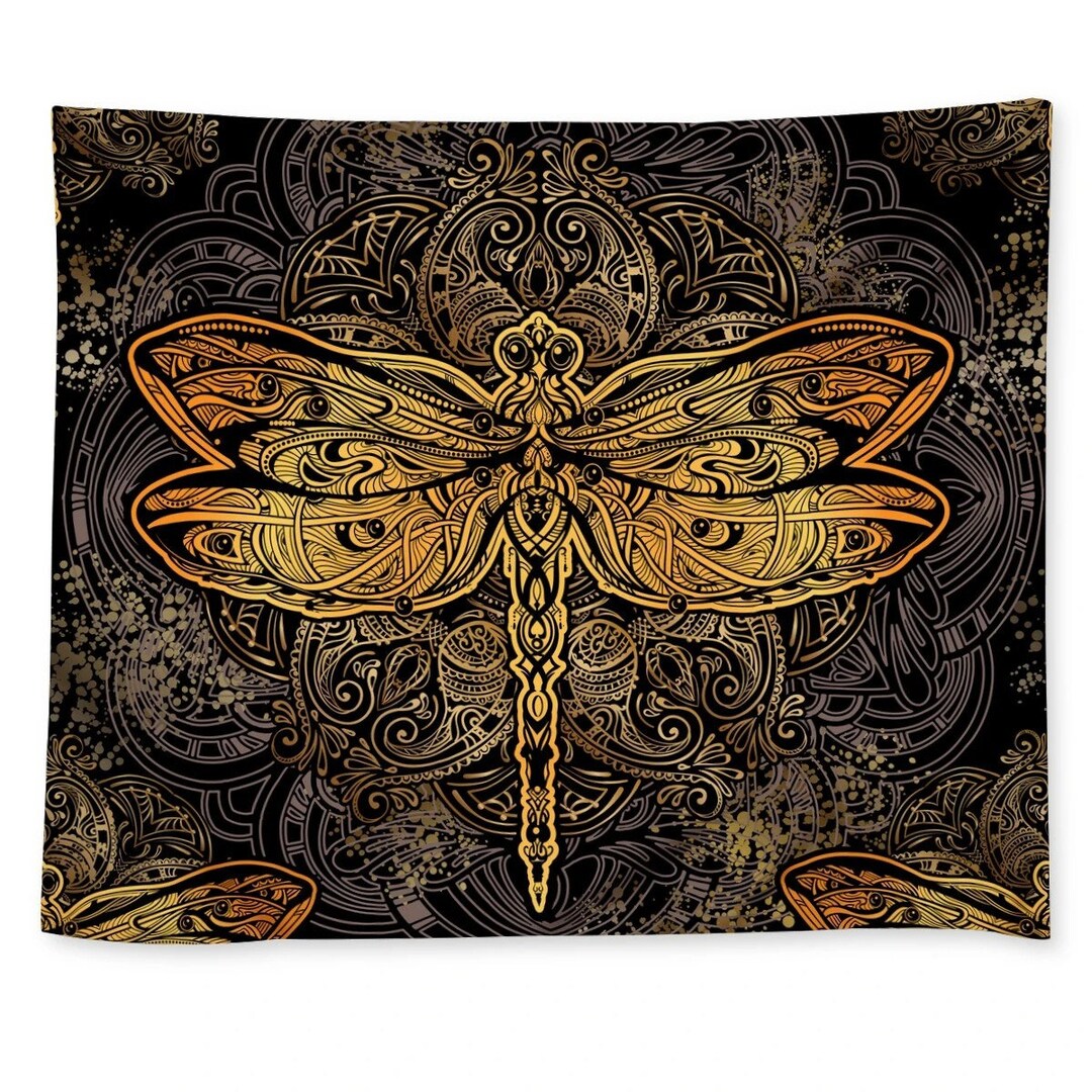 Gold Dragonfly Wall Tapestry Whimsical Dragonfly Print, Dragonflies Art, Dorm Room Tapestry