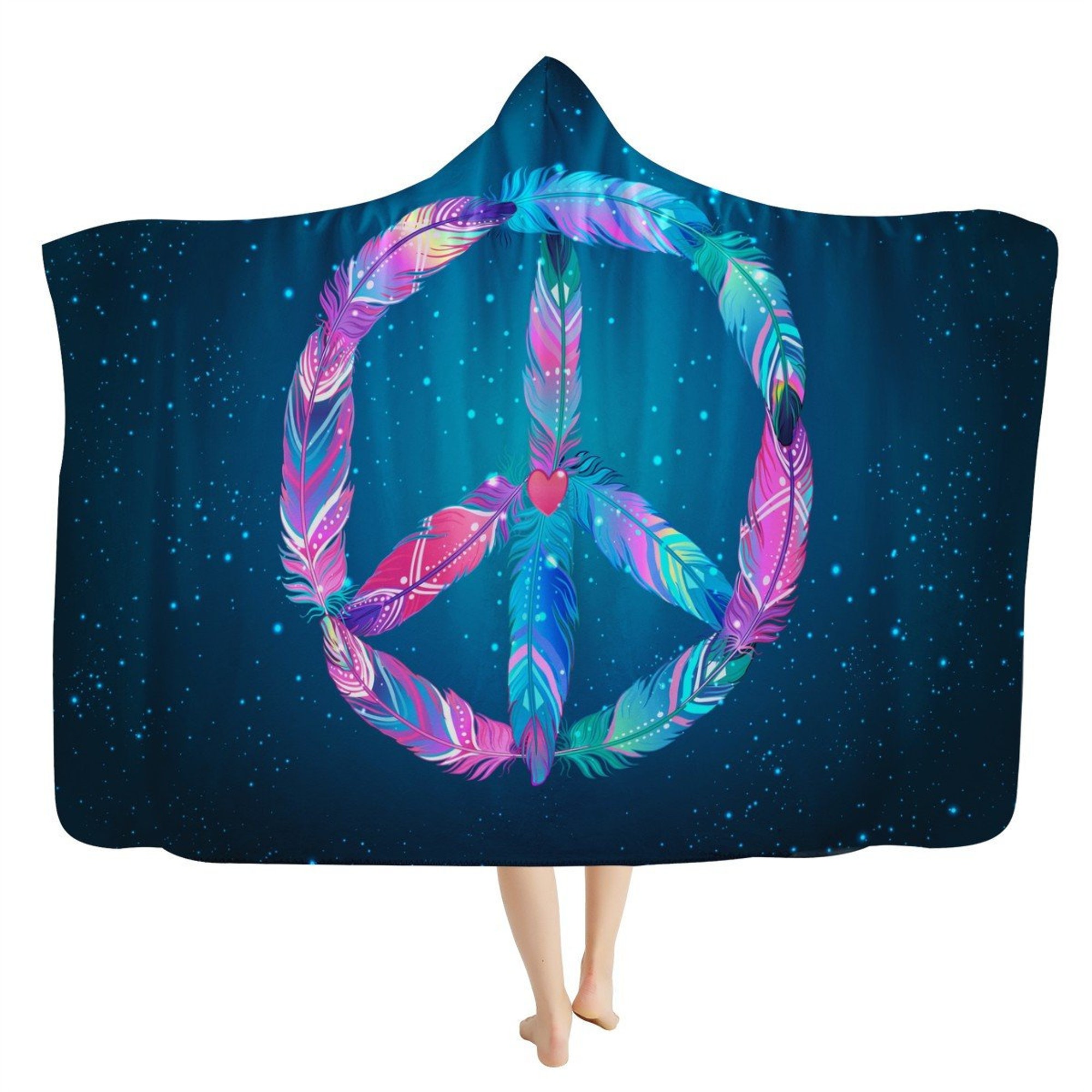 Discover Feathers Of Peace Sign Hooded Blanket - Peace Symbol Throw Blanket, Celestial Stars Print, PLUR Blanket, Peaceful Hippie Blanket