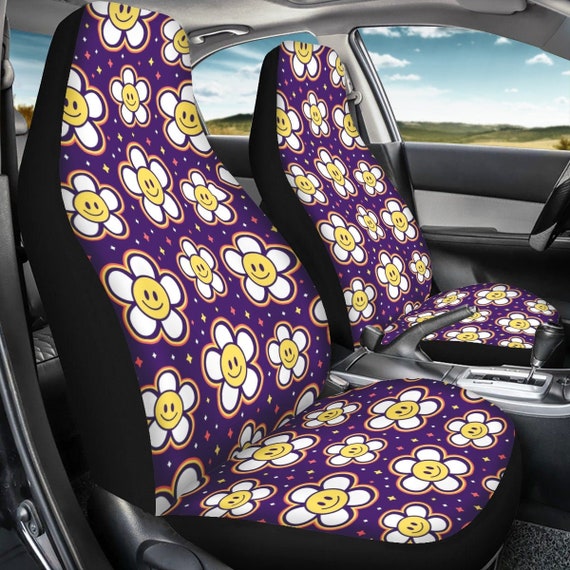 Smiley Face Emoji Flower Car Seat Covers Hippie Car Decor, Love