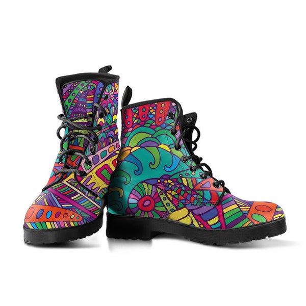 Rainbow Receptors Leather Boots, Hippie Footwear Festival Shoes, Handcrafted Boots, Alternative Apparel