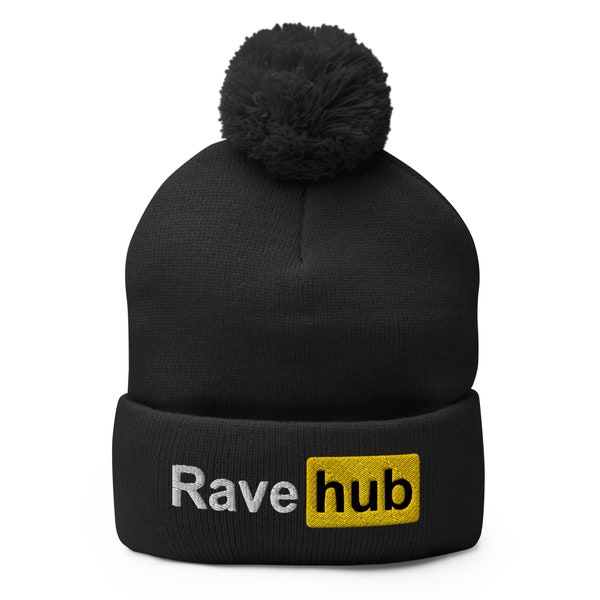 Rave Hub Pom-Pom Beanie - Funny Parody Headwear, Techno Festival Cap, Rave Hat, Acid House, Kandi Gift, Tipper, EDM Dubstep, Headbanger