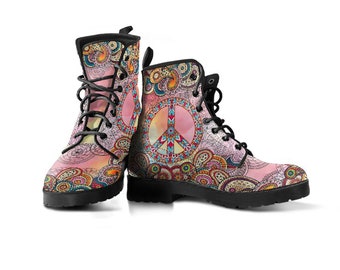 Paisley Peace Sign Handcrafted Boots - Alternative Vegan Friendly Leather Boots, Boho Footwear, Classic Boots, Festival Fashion