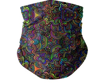 Groovy Psychedelic Hippie Neck Gaiter + Filtro - Trippy Neck Mask, Rave Gaiter, Techno Snood, Washable Reusable, Psytrance Festival Mask