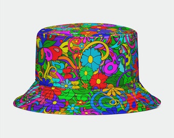 Flower Power Hippie Bucket Hat - Retro 60s 70s 80s Festival Hat - Groovy Colorful Flowers Headwear, Floral Sun Hat, Peace Love Happiness Cap