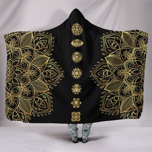 Seven Golden Chakras Mandala Hooded Blanket - Sacred Geometry Throw, Spiritual Meditation Blanket, Black Gold, Soft Wearable Blanket Hoodie