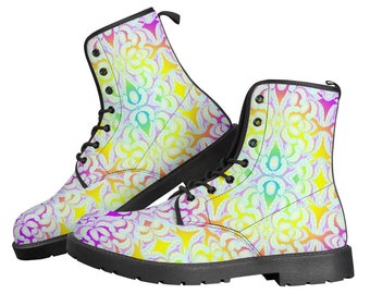 We Vibe Colorful Women's Leather Boots - Rainbow Ombre Alternative Footwear, Vegan Friendly Shoes, Classic Combat Boots