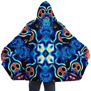 Trippy Rave Hoodie - Hydro Daze Fractals Dream Cloak With Hood, Festival Jacket, Warm Oversized Festival Outfits, Psychedelic Hooded Cape