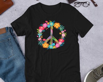 Floral Peace Symbol Shirt - Flowers Peace Sign Short-Sleeve Unisex T-Shirt - Colorful Hippie Festival Love World Peace Inspiring