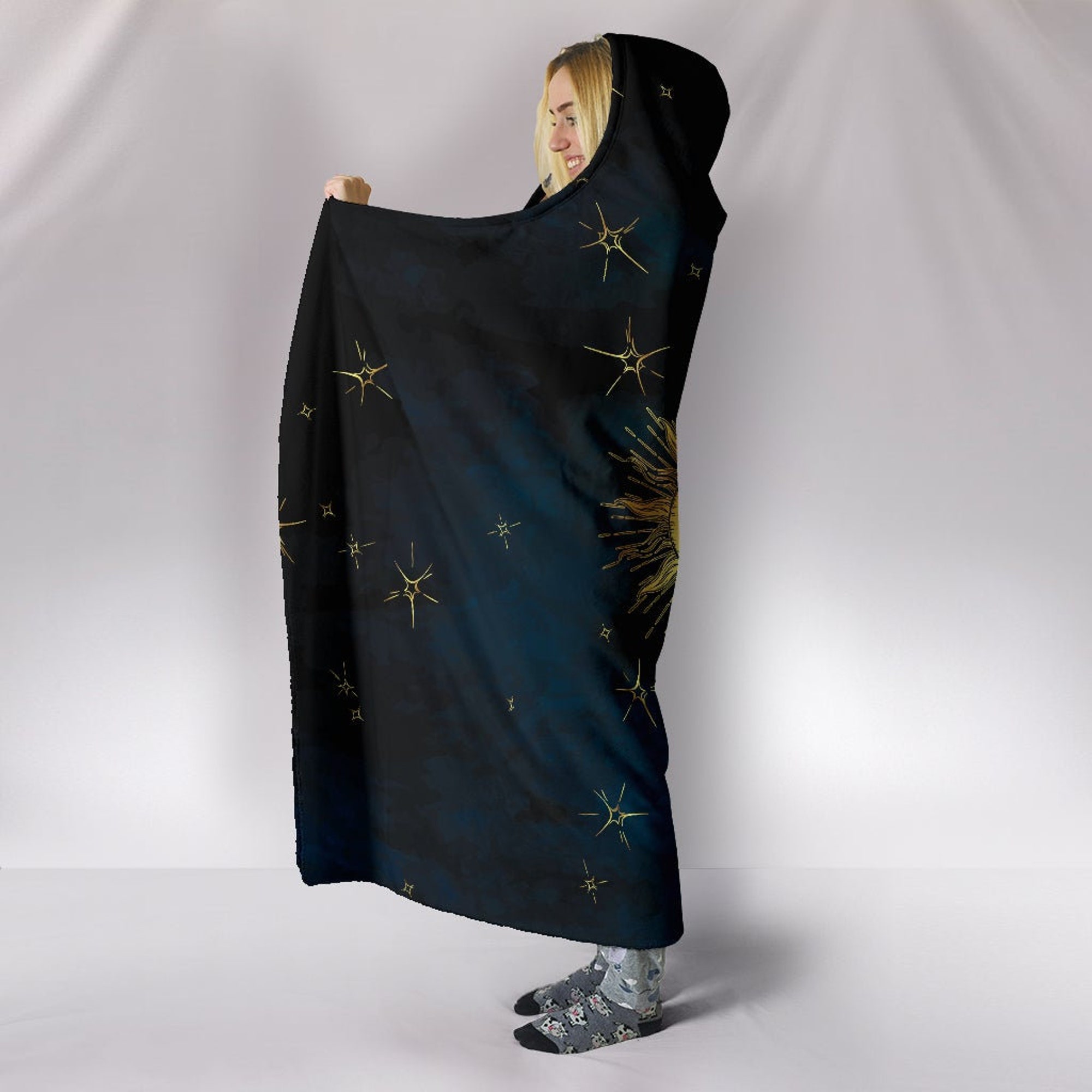 Golden Sun and Moon Hooded Blanket - Meditation, Soft Wearable Blanket Hoodie, Stars Clouds Cozy Throw, Esoteric Style, Crescent Moon Symbol