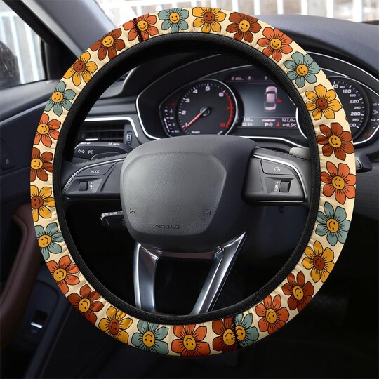 Retro Colorful Smiling Flowers Steering Wheel Cover