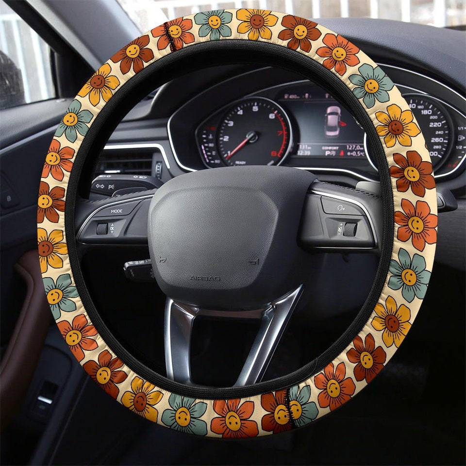 Discover Retro Colorful Smiling Flowers Steering Wheel Cover