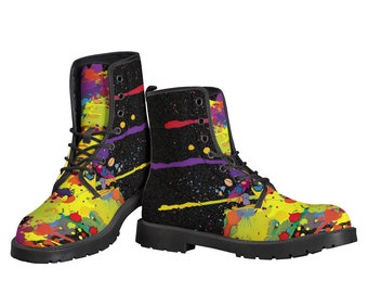 Crazy Paint Splatter Women's Leather Boots - Vegan Friendly Colorful Shoes, Alternative Footwear, Classic Combat Boots