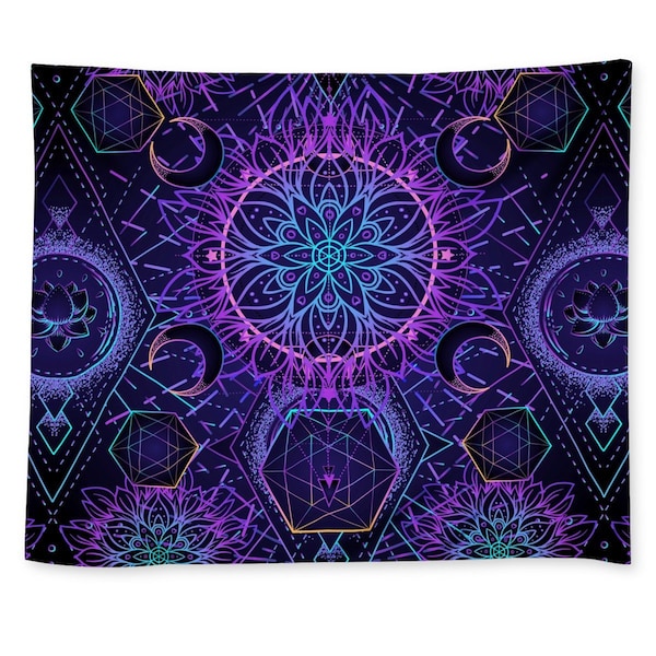 Tapisserie murale à géométrie sacrée - Purple Mandala Lotus Art, Crescent Moon, Visionary Bedroom, Trippy Room, College Art Tapestries