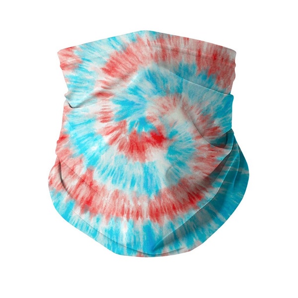 Light Blue Red Tie Dye Neck Gaiter + Filter - Tiedye Snood, Fun Kids Mask, Aesthetic, Trendy Mask, Washable Mouth Mask, Cool Child Neck Mask
