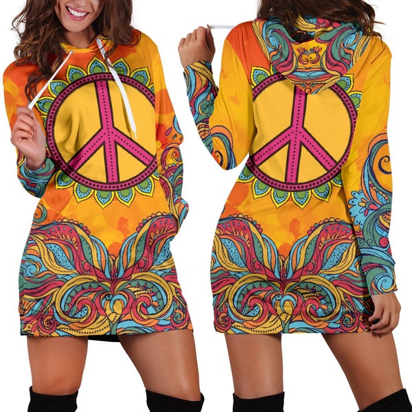 Hippie Peace Sign Women's Hoodie Dress - Hippy Sweater, Groovy Fashion, Woodstock Festival, Funky Clothing, Peace & Love, 60s 70s