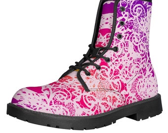 Pink Vogue Vibe Women's Leather Boots - Pink & Purple Damask, Alternative Footwear, Vegan Friendly Shoes, Classic Combat Boots