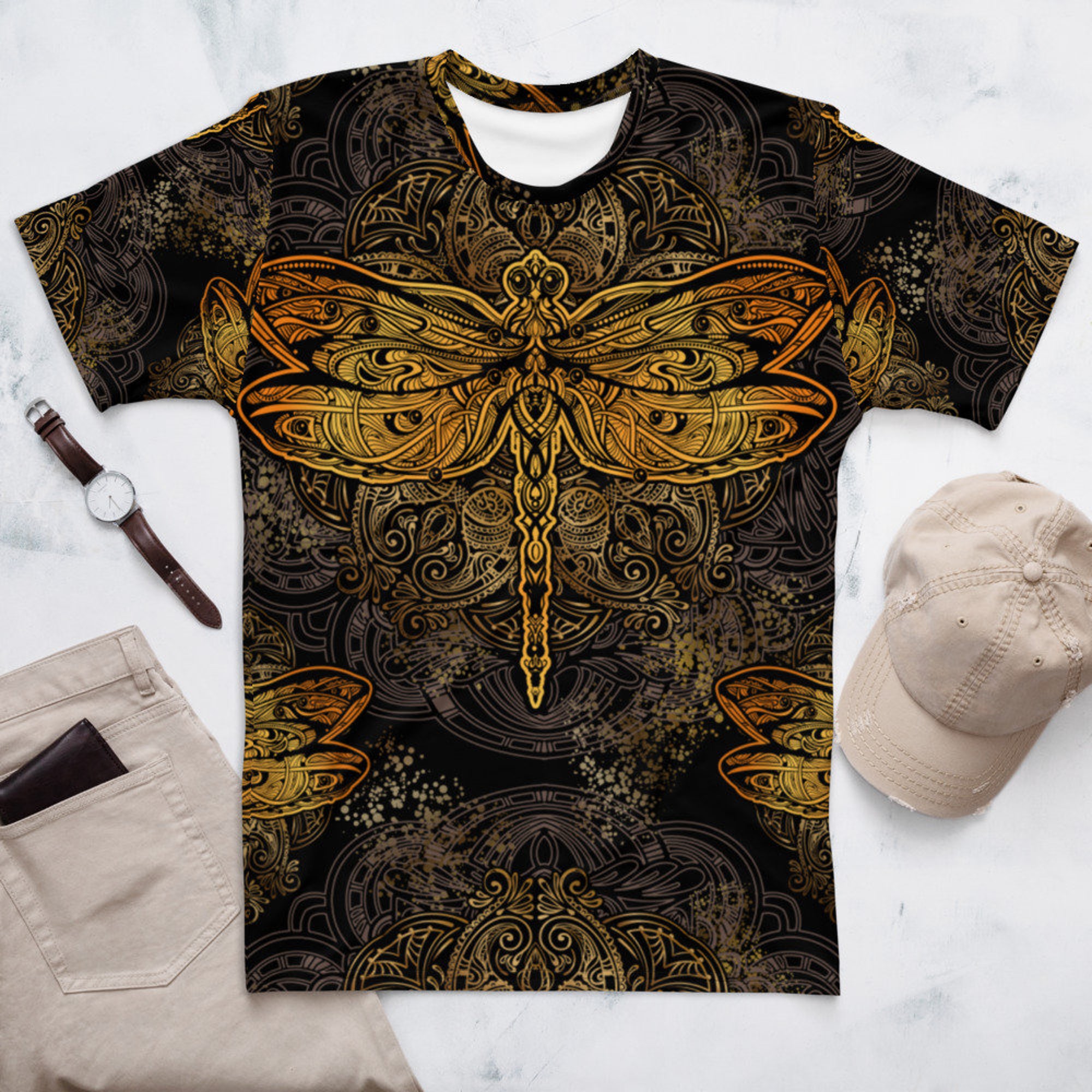 Discover Gold Dragonfly Mandala 3D T Shirt