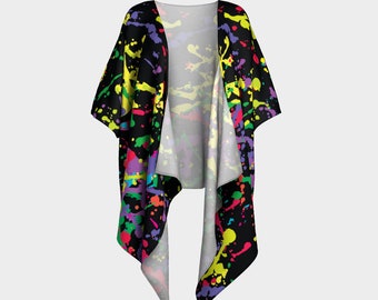 Paint Splatter Draped Kimono Robe - Trippy Colorful Flowy Summer Beach Coverup, Festival Outfit, Rave Duster, Flowy Lightweight Breathable