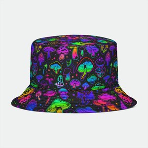 Magic Mushroom Glow Bucket Hat - Trippy EDM Festival Hat - Microdose Rave Beach Party Hat, Psychedelic Summer Hat, Have A Nice Trip Headwear