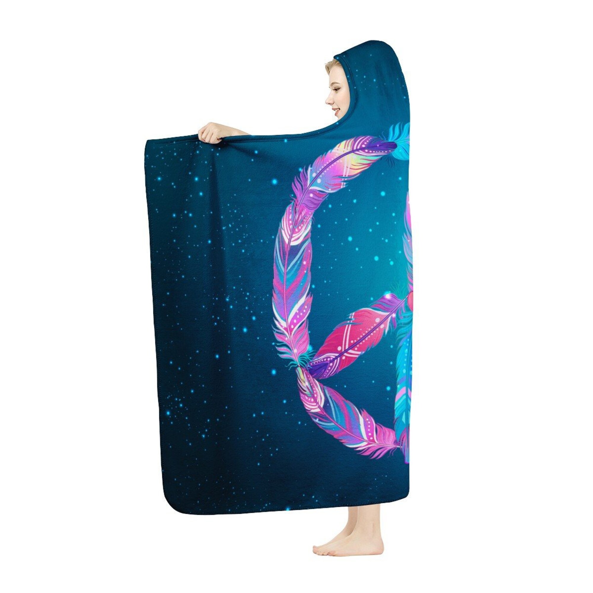 Feathers Of Peace Sign Hooded Blanket - Peace Symbol Throw Blanket, Celestial Stars Print, PLUR Blanket, Peaceful Hippie Blanket