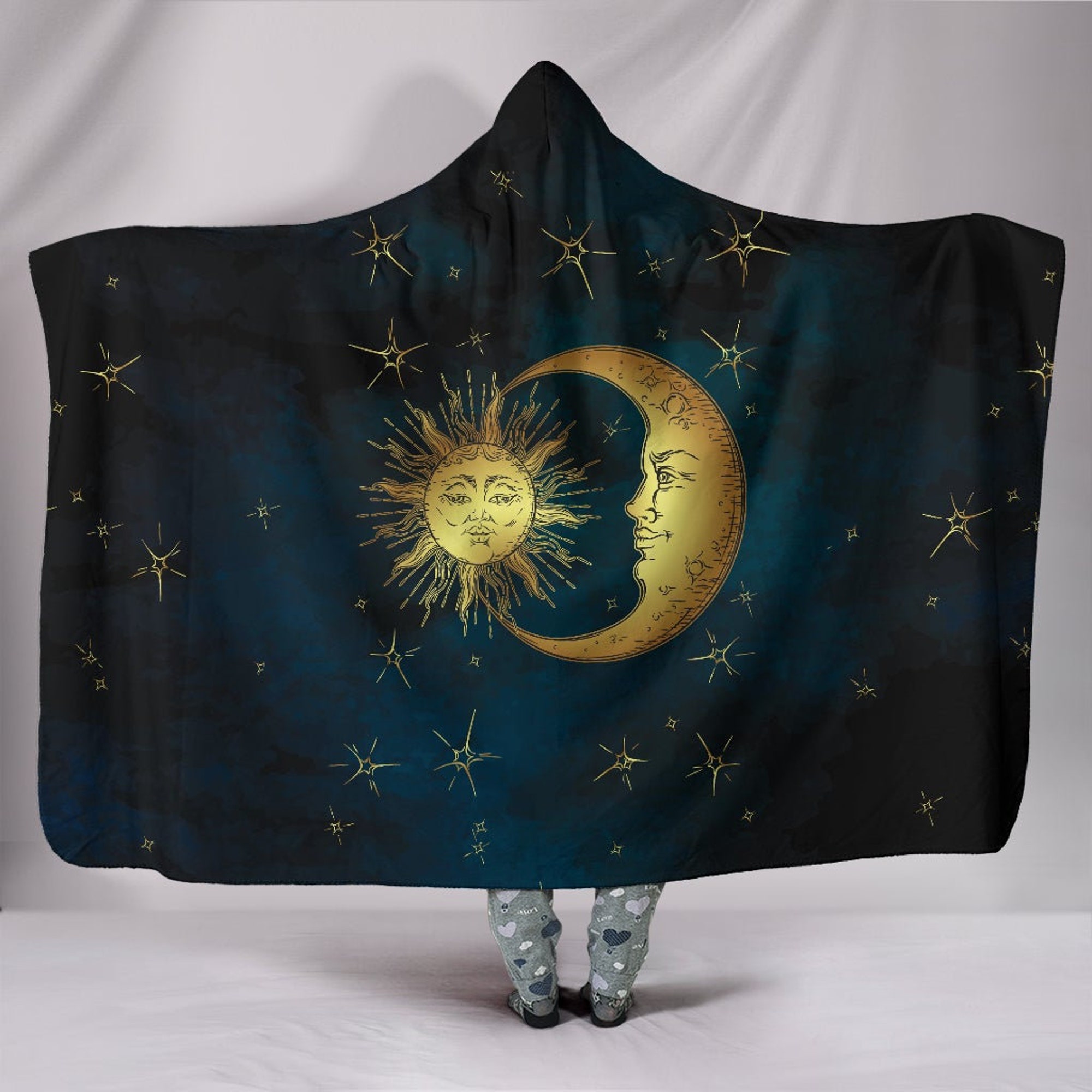 Golden Sun and Moon Hooded Blanket - Meditation, Soft Wearable Blanket Hoodie, Stars Clouds Cozy Throw, Esoteric Style, Crescent Moon Symbol