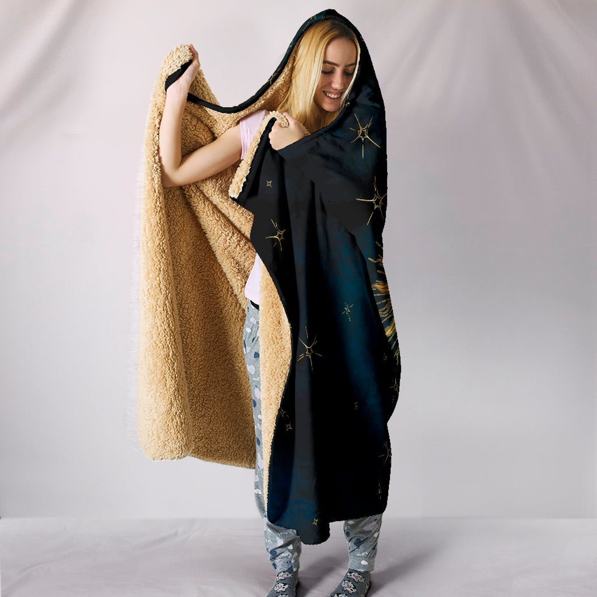 Golden Sun and Moon Hooded Blanket - Meditation, Soft Wearable Blanket Hoodie, Stars Clouds Cozy Throw, Esoteric Style, Crescent Moon Symbol