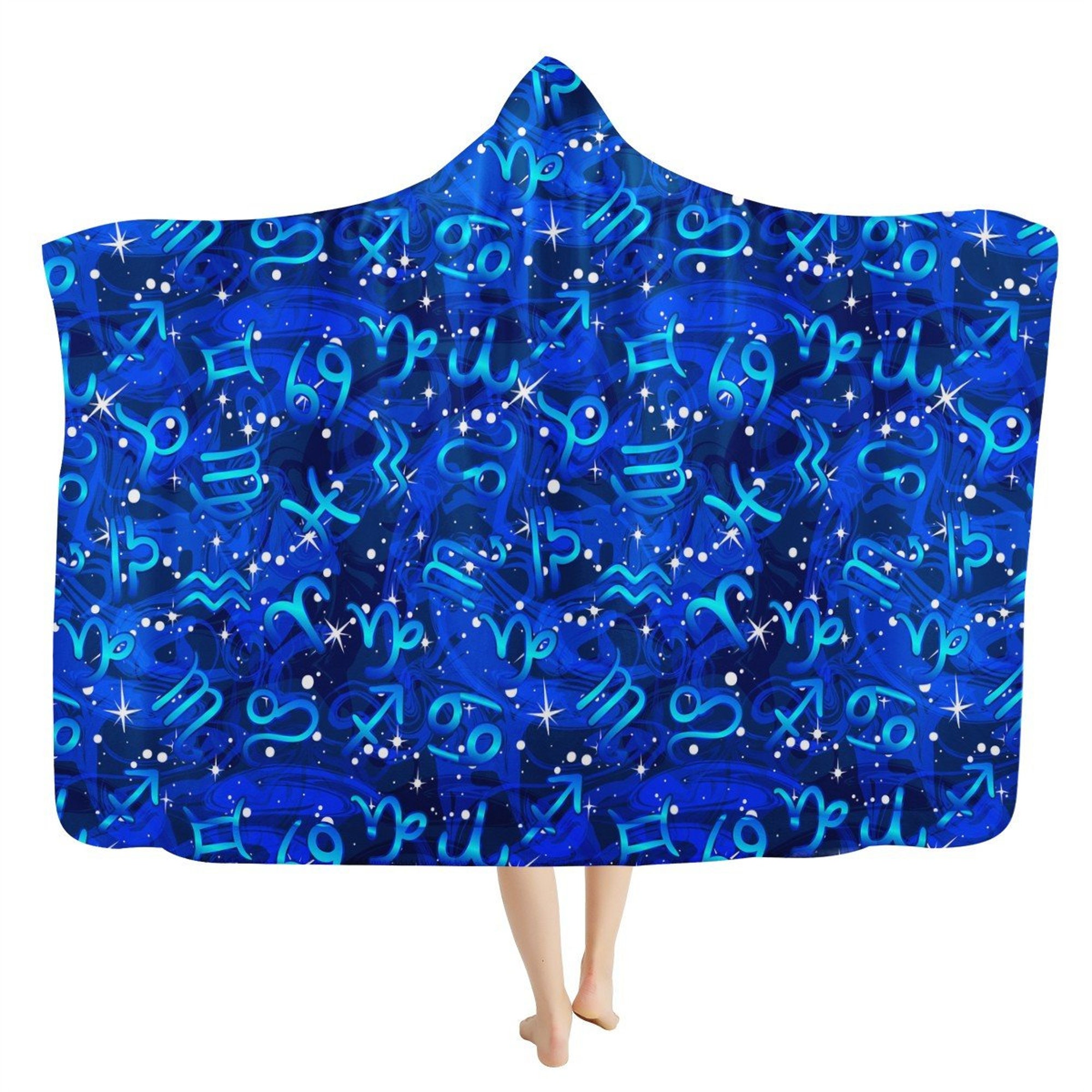 Blue Zodiac Signs Hooded Blanket - Horoscope, Astrology Throw, Cozy Hooded Sherpa, Zodiac Gifts, Constellations Wearable Blanket Hoodie