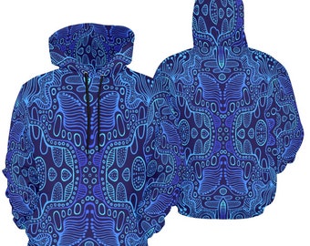 Blue Psychedelic Trance Pullover Hoodie - Psytrance Sweatshirt, Futuristic Techno Rave, Male Festival Fashion, Circuit All Over Print Hoodie