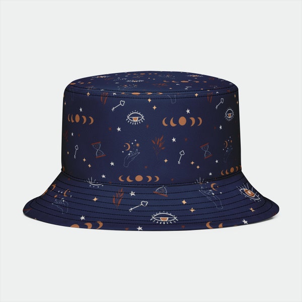 Esoteric Moon Phases Bucket Hat - Celestial Festival Hat - Moon Child Headwear, Boho Hat, Sun Hat, Cool Stylish Caps, Alchemy Stars