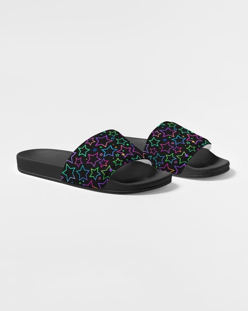 Bright Neon Stars Men's Slide Sandals - Star Pattern Celestial Trippy Slides, Soft Fun Male Sandals, Rave EDM Festival Fashion Footwear