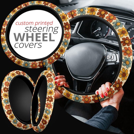 Retro Colorful Smiling Flowers Steering Wheel Cover