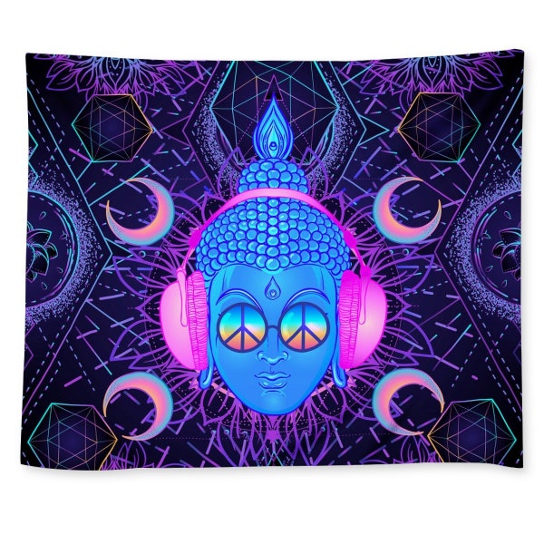 Sacred Hippie Buddha Celestial Wall Tapestry - Neon Buddha, Peace Sign Sunglasses, Celestial Sacred Geometry, Trippy Art Decoration