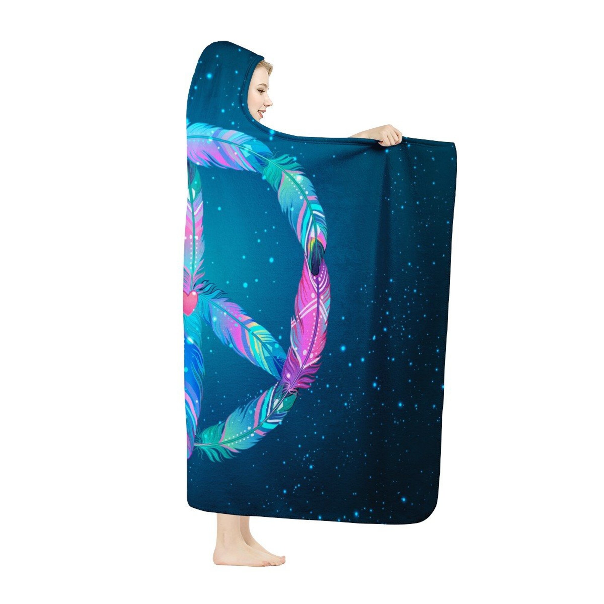 Feathers Of Peace Sign Hooded Blanket - Peace Symbol Throw Blanket, Celestial Stars Print, PLUR Blanket, Peaceful Hippie Blanket