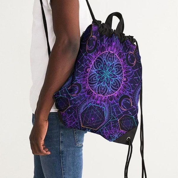 Sacred Geometry Lotus Canvas Turnbeutel - Yoga Spiritueller Cinch Sack, Hippie Musik Festival Rucksack, PsyTrance, Brennender Mann, Tanztasche