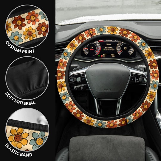 Disover Retro Colorful Smiling Flowers Steering Wheel Cover