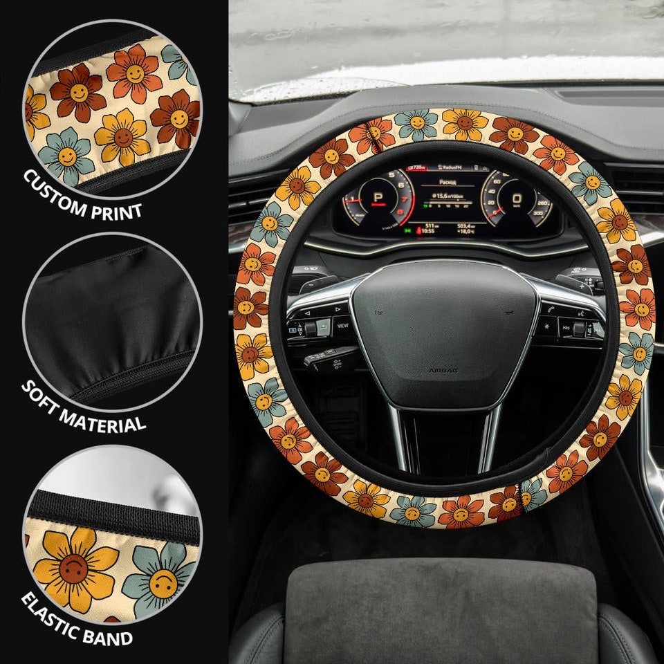 Retro Colorful Smiling Flowers Steering Wheel Cover