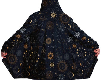 Celestial Moonlight Boho Hooded Cloak - Luna Encantada, Traje Astrológico, Sol Y Luna, Cálida Y Acogedora Sudadera con Capucha, Capa de Mago, Capa de Astrología