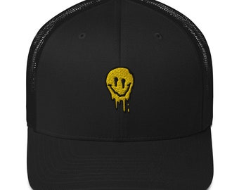 Drippy Melting Happy Face Trucker Cap - Good Vibes, Acid 90s Y2K Stoner Hat, Hippie Trip, Summer Days, Psychedelic Trippy Emoticon Smile