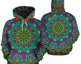 Psychedelic Mandala Hippie Hoodie - Trippy Festival Fashion, Spiritual Sweater, Psychedelic Clothing, Colorful Vibrant Pullover Hoodie