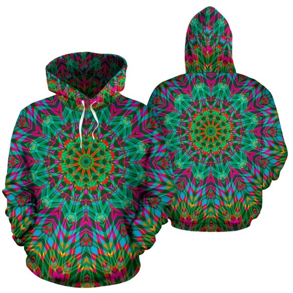 Psychedelic Mandala Hippie Hoodie - Trippy Festival Fashion, Spiritual Sweater, Psychedelic Clothing, Colorful Vibrant Pullover Hoodie