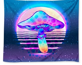 Retro Futurism Magic Mushroom Wall Tapestry - Vibrant Retrofuture Wall Art, Futurist Visions, Beautiful Wall Art Decoration