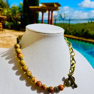 Versatile Renaissance Style  Agate Semi-Precious Stone on Bronze Chain Necklace & Bronze Florentine Toggle Closure