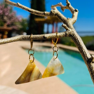 May include: A pair of gold triangle earrings with a white and brown marbled design. The earrings are hanging from a branch over a swimming pool.