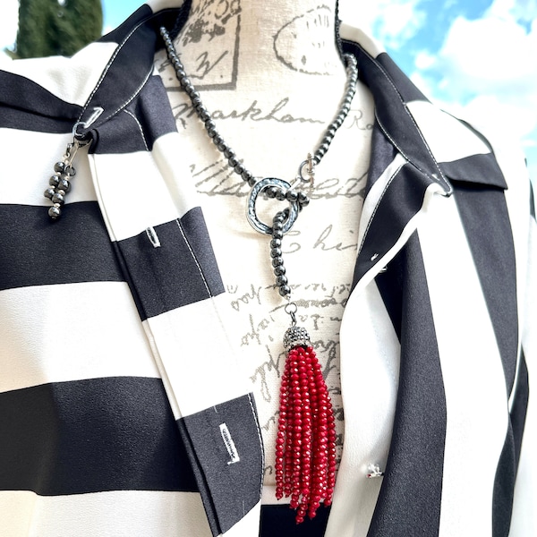 9 mm Black Hematite Round Bead Round Silver Ring Necktie Necklace with Red Tassel Pendant Coordinating Earrings